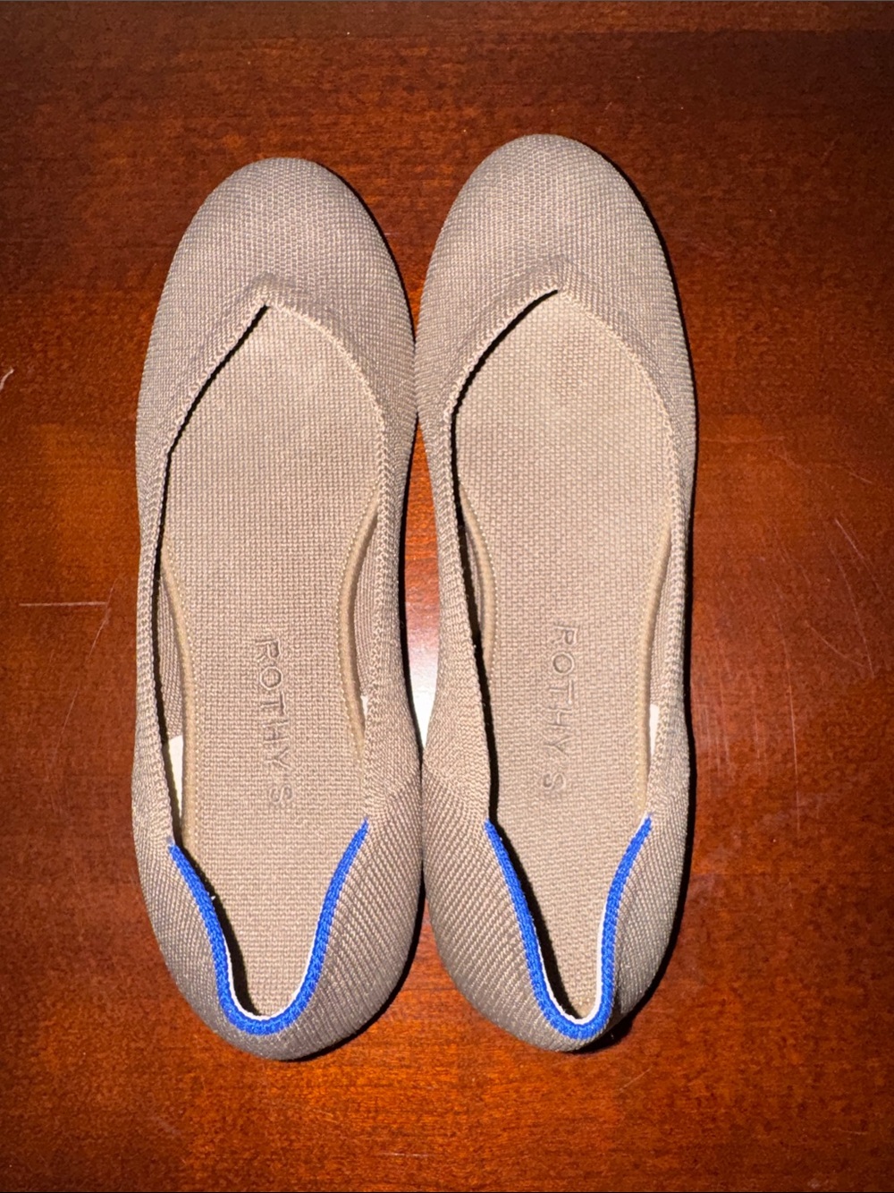 Rothy's Portobello Taupe Riund Flats with Blue Trim